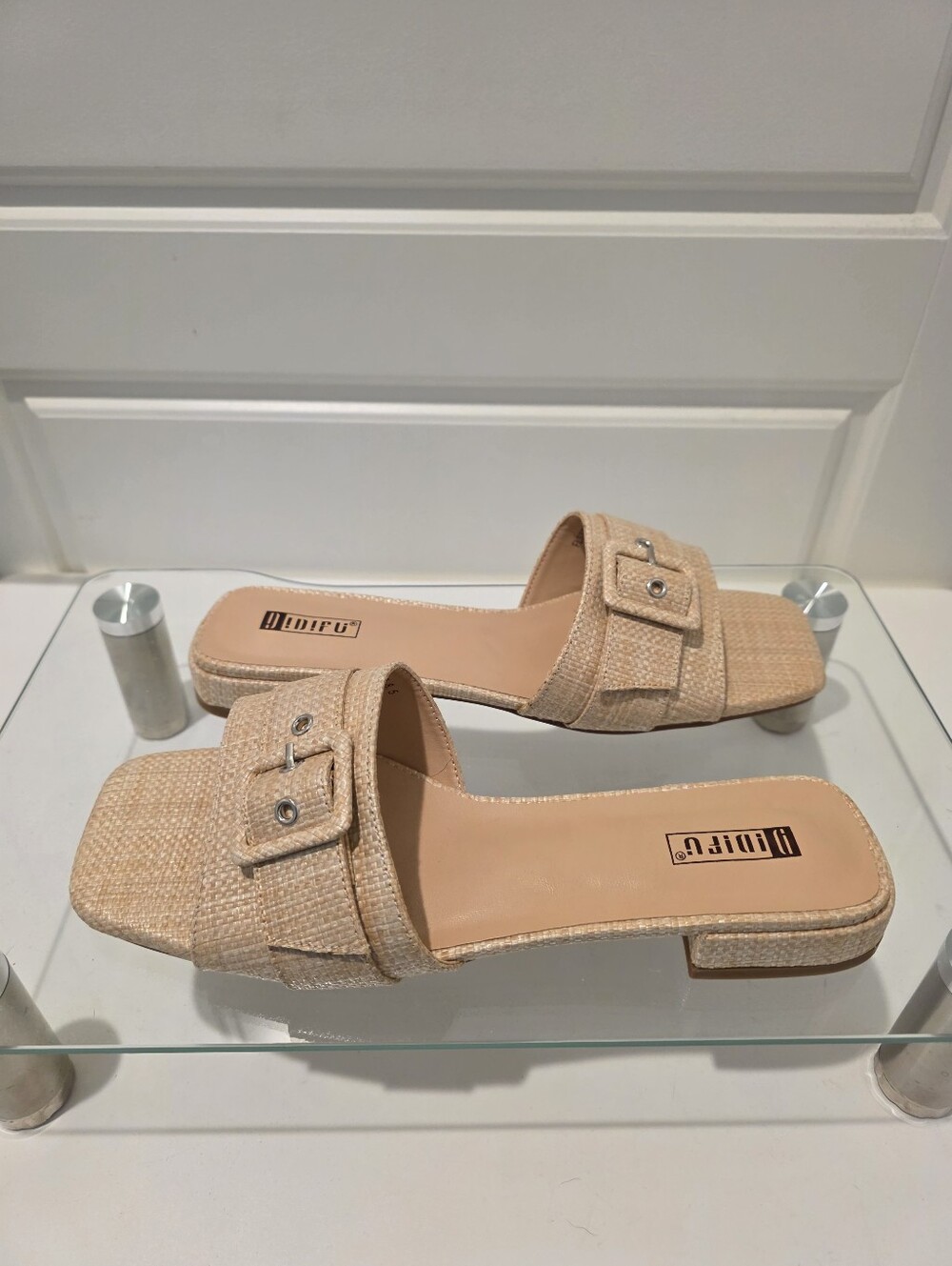 IDIFU Neutral Tan Woven Slide Sandals with Buckle